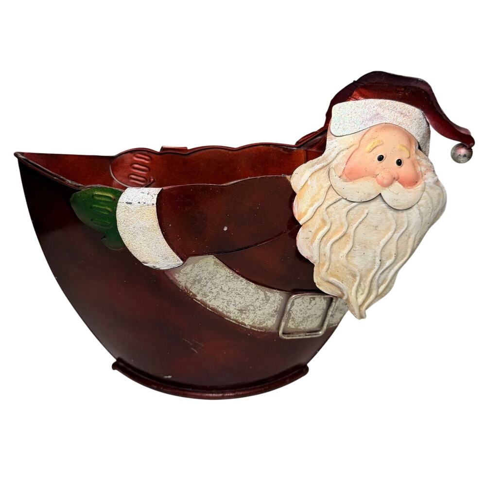 Pier 1 Santa Claus Tin Metal Bucket Holder Holiday Home Decor Christmas Figure